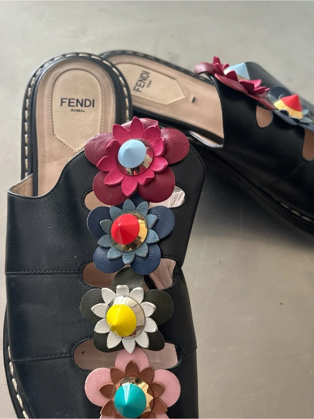 Fendi Black Leather Slide Mules with Multicolor Floral Studs - Picture 2 of 3